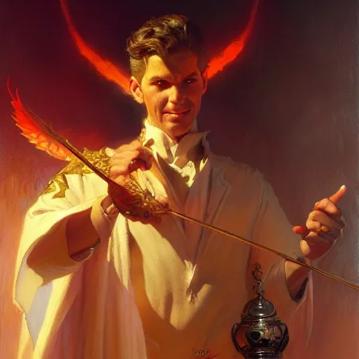 Image similar to handsome lucifer morning star casting a spell to raise hell unto heaven. highly detailed painting by gaston bussiere, craig mullins, j. c. leyendecker, 8 k