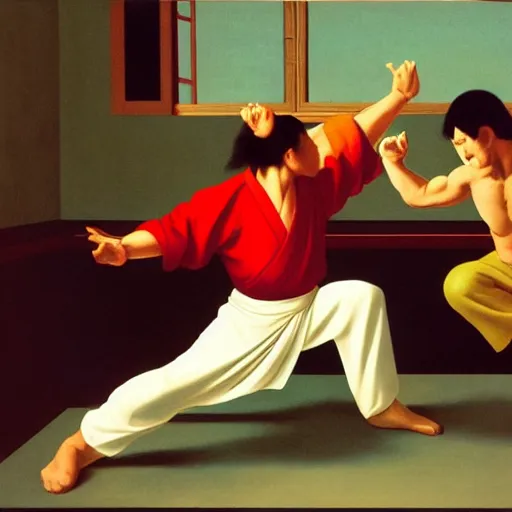 Image similar to a Kung-Fu fight by Raphael, Hopper, and Rene Magritte. detailed, romantic, enchanting, trending on artstation.