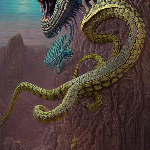 Image similar to desert river serpentine crinoid monster with reptilian iridescent scales, maximalist art nouveau, cgsociety, artstation by gustave dore and tyler edlin