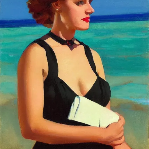 Image similar to woman on the beach in black dress, full body, leyendecker style, camera glare in oil style,