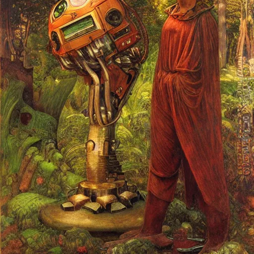 Prompt: robot seizes his forest crown, by Annie Swynnerton and Diego Rivera and Elihu Vedder, symbolist, dramatic lighting, elaborate geometric ornament, Art Brut, soft cool colors,smooth, sharp focus, extremely detailed, Adolf Wölfli and Donato Giancola