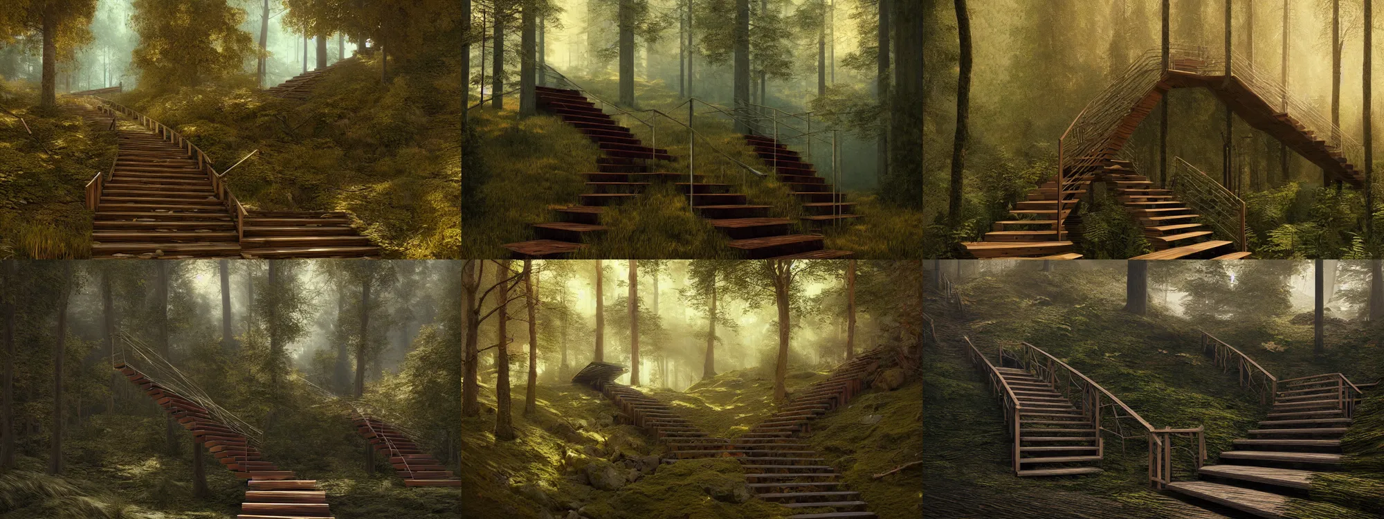 Prompt: single short wooden staircase, in the middle of woods, Wadim Kashin, in Peter Elson color scheme, featured in artstation, octane render, cinematic, elegant, intricate, 8k