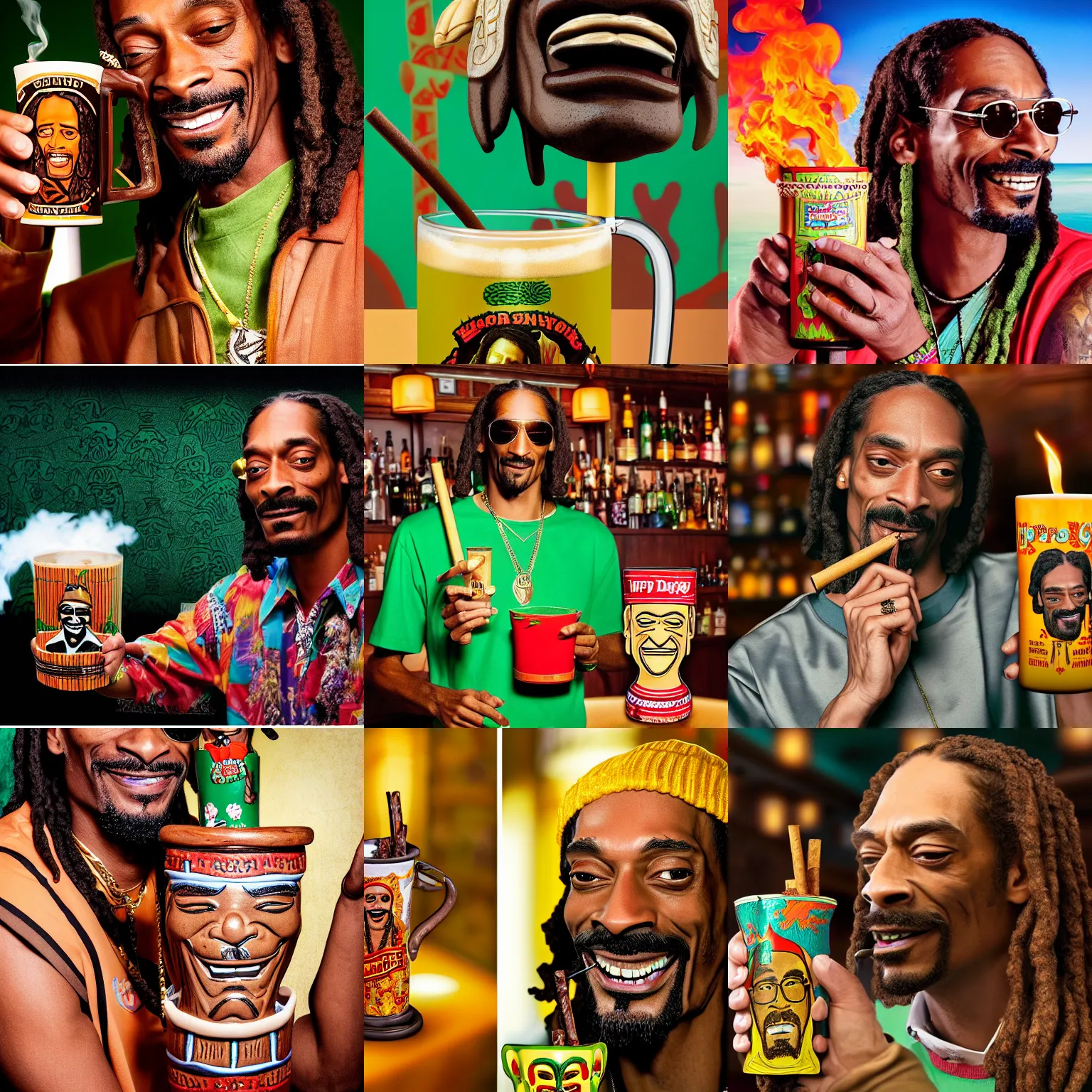Prompt: a closeup photorealistic photograph of happy blunt smoking snoop dogg at trader vic's bar holding up a trader vic's style tiki mug featuring snoop dogg's face. tiki culture. lit scene. 4 k hd image that's trending on artstation, featured on behance, well rendered, extra crisp, features epic composition and the style of unreal engine.