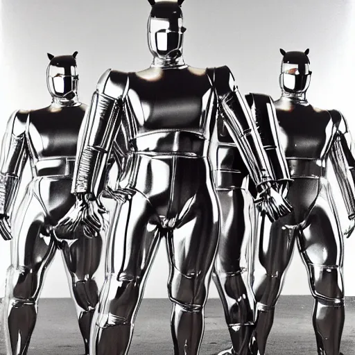 Prompt: 1990's sears portrait photo, a giant massive group of extremely muscular ripped men wearing full-body shiny reflective silver latex pants shirts and masks, melting and merging together to form a gigantic walking mecha robot in the center of a New York City street, sunset sky, ultra-detailed, photorealistic