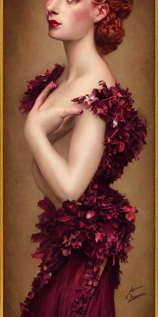 Image similar to a beautiful hyperrealistic portrait pose of a stunning Victorian burlesque model in a maroon-and-lilac collared dress looking happy, intricate, elegant, highly detailed, smooth, sharp focus, award-winning, masterpiece, in the style of Tom Bagshaw, Cedric Peyravernay, Peter Mohrbacher