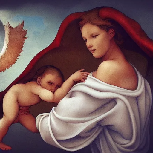 Prompt: guardian angel protecting child by michelangelo, very detailed, deviantart, artstation