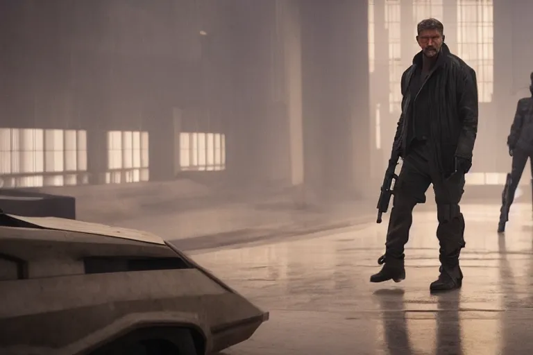 Image similar to blade runner 2049 movie still elegant bank fancy white marble flooring. robbery in progress. cyberpunk man carrying duffle bag holding shotgun. 2017 movie still 35mm wide angle lens