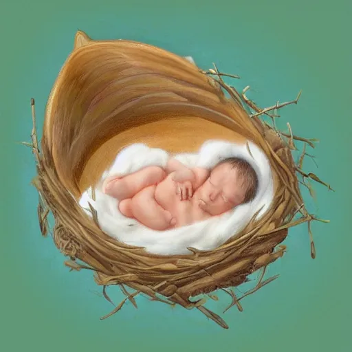 Image similar to concept art of a baby corgi sleeping in an egg in a nest, anne geddes