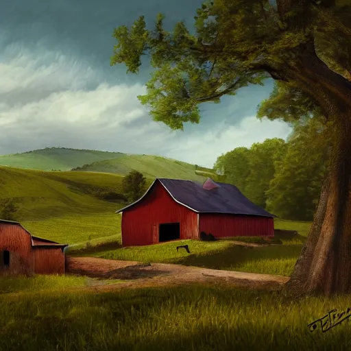 Prompt: A rural landscape with a farmhouse and barn in the distance, digital painting, high detail, no blur, concept art, by Justin Peters