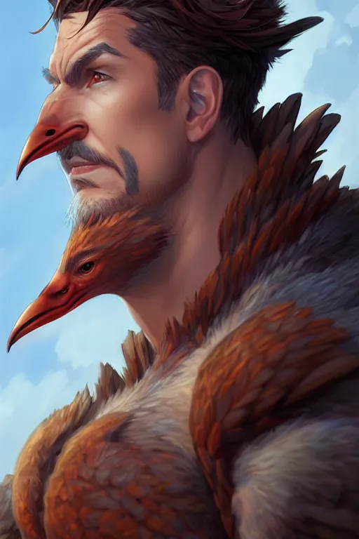 Image similar to character art by wlop, steve henderson, and j scott campbell, gooseman, male hero, goose head, wings, 4 k, arstation, trending, high quality, very detailed, digital