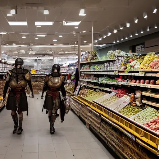 Image similar to professional photograph of a group of ancient Roman soldiers walking around inside of a contemporary grocery store, 8k, dslr, cinematic,