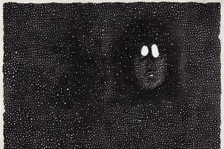 Image similar to face made out of planet, faceless people dark, dots, drip, stipple, pointillism, technical, abstract, minimal, style of francis bacon, asymmetry, pulled apart, cloak, hooded figure