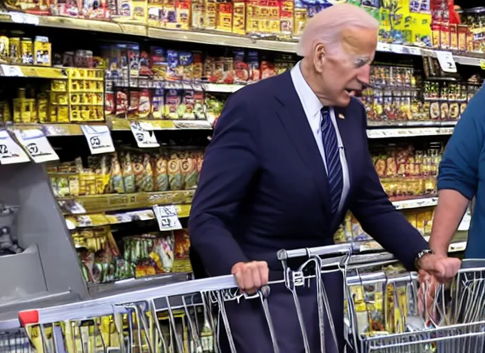 Prompt: Joe Biden fights a fat man at the supermarket, 8K, high quality, highly detailed