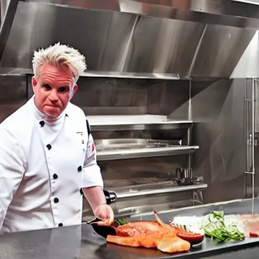 Image similar to hyper real Gordon Ramsey cooking a unicorn in kitchen 4k