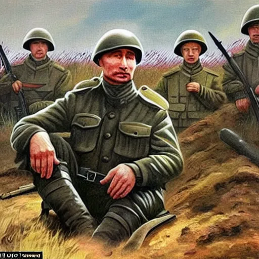 Image similar to Putin is sitting in the trenches and defending himself from Ukrainian troops, Retro futuristic painting style