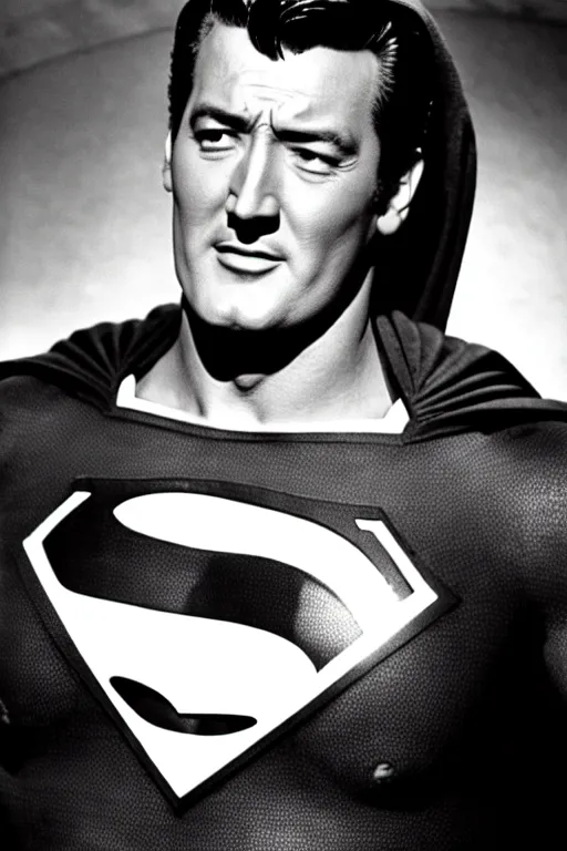 Image similar to rock hudson playing superman in, superhero, dynamic, 3 5 mm lens, heroic, studio lighting