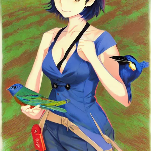 Image similar to colored pencil, anime art, beautiful full body female pinup girl, she is holding an indigo bunting bird, in her hand, the bird is wearing a bowtie, wlop, rossdraws sakimimichan, ilya kuvshinov, krenz cushart