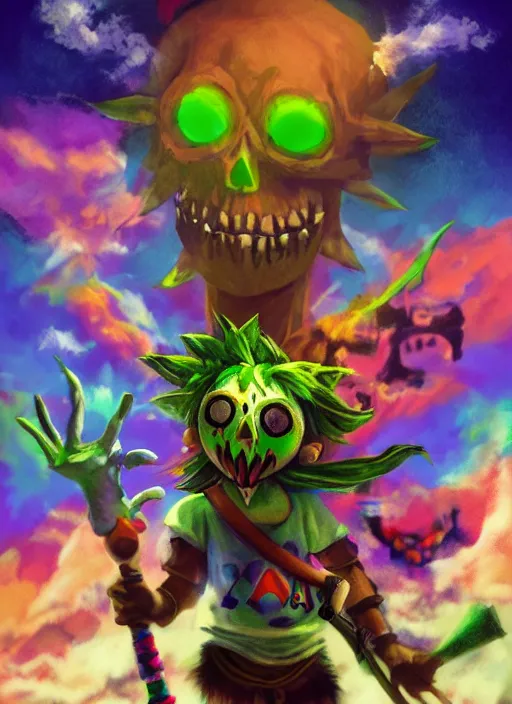 Image similar to skull kid from majoras mask floating in the air while looking at the viewer maniacally, legend of zelda fairy in the background, dramatic lighting, cinematic, film, dynamic pose, movie scene, colorful, dark art, concept art, 8K