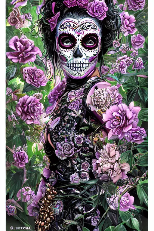 Prompt: illustration of a sugar skull day of the dead girl, art by hajime sorayama