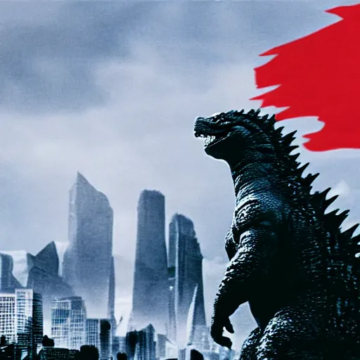 Prompt: godzilla leading the communist revolution, 3 5 mm photography, highly detailed, cinematic lighting