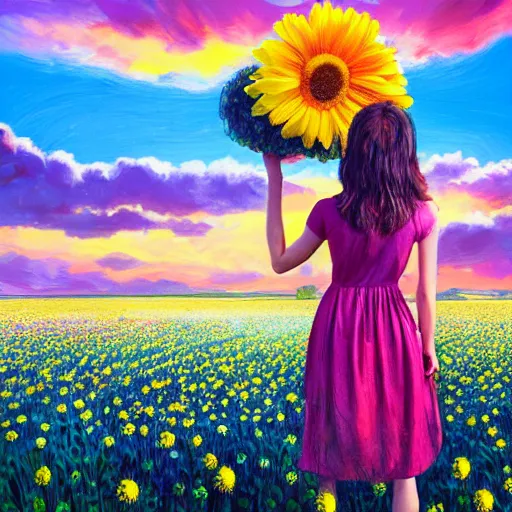 Image similar to full body daisy flower head, girl standing in a flower field, head hidden behind huge daisy flower, surreal photography, sunrise, dramatic light, impressionist painting, colorful clouds, digital painting, artstation, simon stalenhag