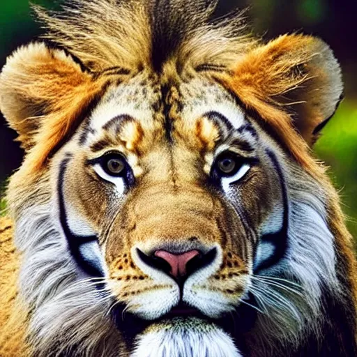 Prompt: Photo of a hybrid of a lion and a tiger