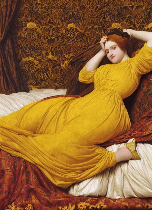 Prompt: masterpiece portrait of lady reclining vertically on bed wearing yellow ochre ornate medieval dress, foreshortening, colour photography by frederic leighton, william morris, 8 k