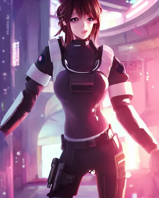 Image similar to nami, anime key visual of a young female swat officer, neon, cyberpunk, futuristic, white outfit, black swat vest, swat helmet, holding pdw, stunning, highly detailed, digital painting, smooth, soft focus, illustration, 4 k digital art from artstation by artgerm and greg rutkowski and alphonse mucha