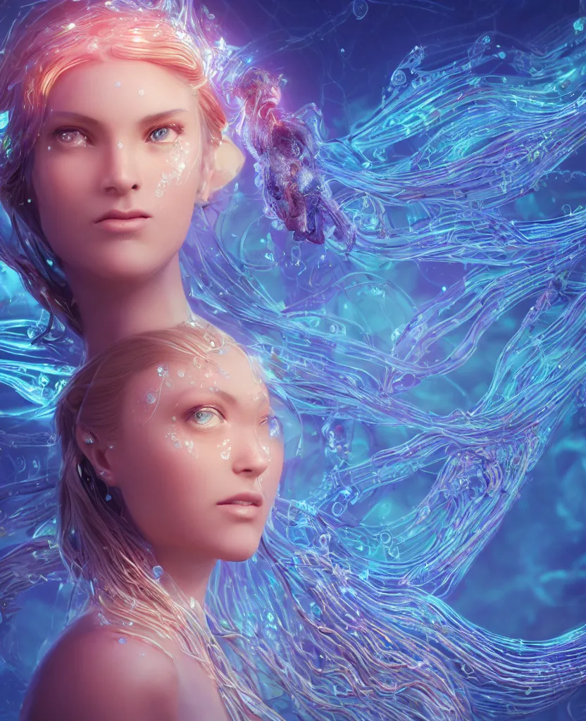 Image similar to close-up macro portrait of the face of a beautiful princess, epic angle and pose, symmetrical artwork, 3d with depth of field, blurred background, cybernetic jellyfish female face skull phoenix bird, translucent, nautilus, energy flows of water and fire. a highly detailed epic cinematic concept art CG render. made in Maya, Blender and Photoshop, octane render, excellent composition, cinematic dystopian brutalist atmosphere, dynamic dramatic cinematic lighting, aesthetic, very inspirational, arthouse. y Greg Rutkowski, Ilya Kuvshinov, WLOP, Stanley Artgerm Lau, Ruan Jia and Fenghua Zhong