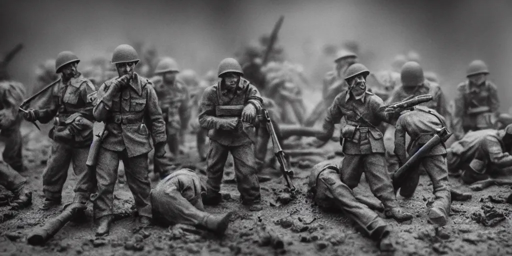 Image similar to world war 2, extremely detailed claymation art, dark, moody, foggy