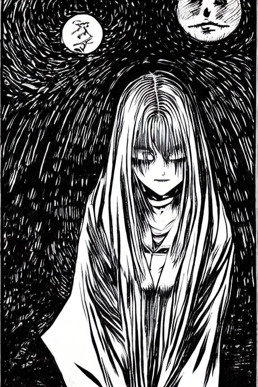 Prompt: angel of death smiling in the dark night, art by takeshi ohbata, junji ito