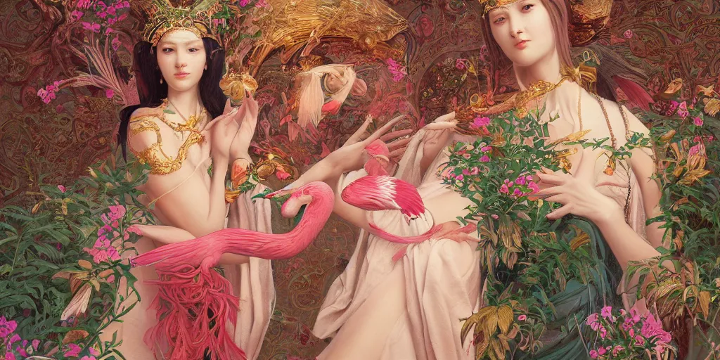 Image similar to breathtaking detailed concept art painting of the goddess of flamingo, orthodox saint, with anxious, piercing eyes, ornate background, amalgamation of leaves and flowers, by Hsiao-Ron Cheng and John James Audubon, extremely moody lighting, 8K