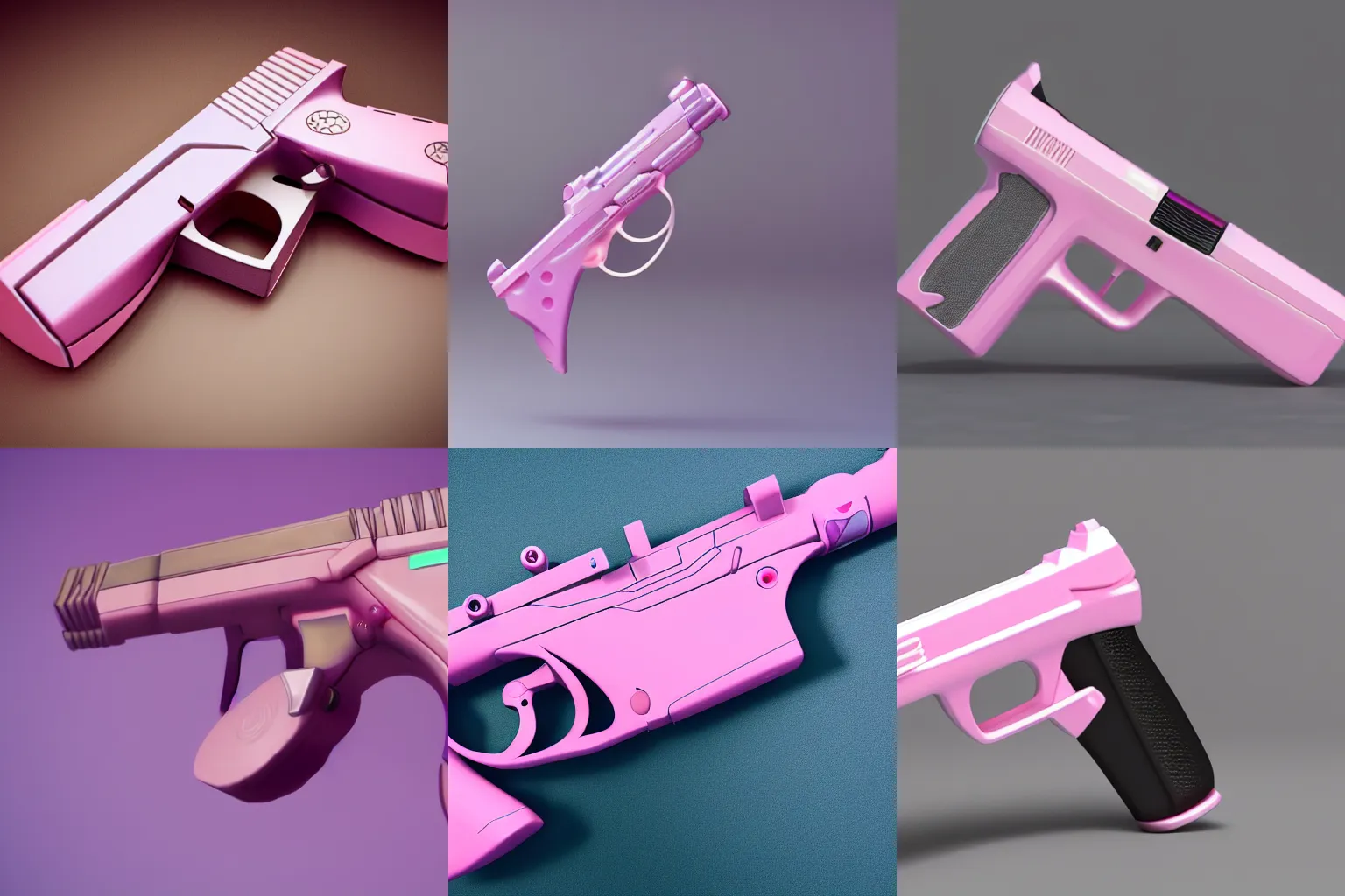 Prompt: futuristic pistol, light pink, surreal, cute, stylized, unreal 5 render