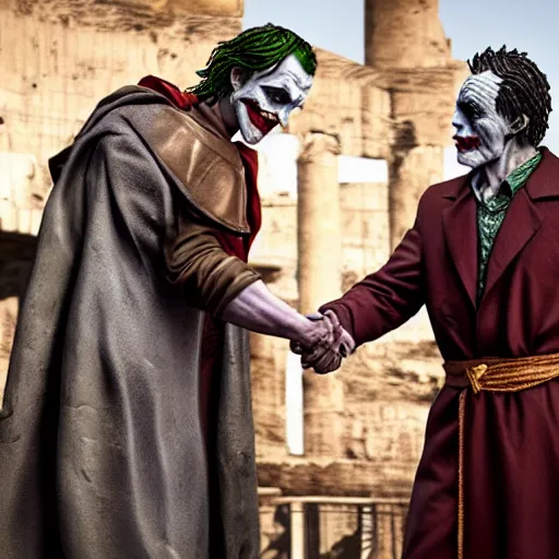 Image similar to cinematic shot of the joker shaking hands with julius caesar in ancient rome, 8 k, very detailed, very intricate,