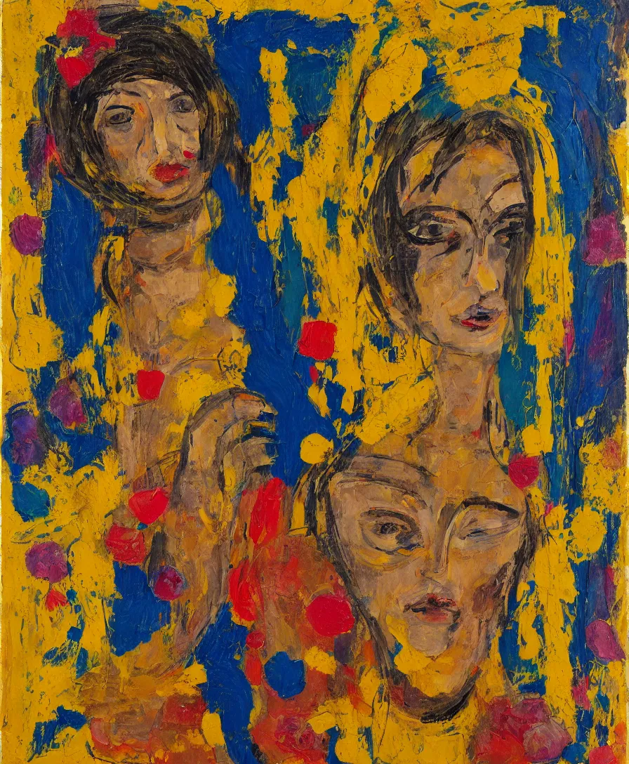 Image similar to portrait of a priestess with flowers in her hair and a candle in her hand, yellow and blue ribbons, expressive abstractionism, many small saturated hard relief strokes of oil on canvas with high detail