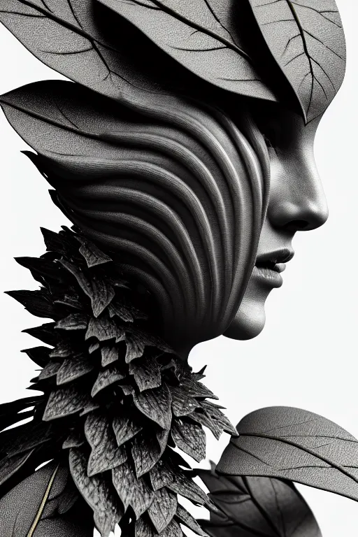 Image similar to monochrome close - up profile face, black background, beautiful young porcelain vegetal - dragon - cyborg - female, 1 5 0 mm, beautiful natural soft rim light, silver gold details, magnolia leaves and stems, roots, mandelbot fractal, elegant, hyper real, ultra detailed, white metallic armour, octane render, 1 6 k