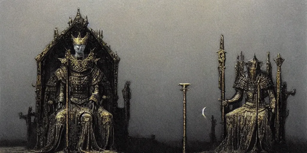 Prompt: a medieval king sitting on a golden throne led by stairs leaning on a shiny sword in a palace, light illuminating behind the throne, beksinski painting
