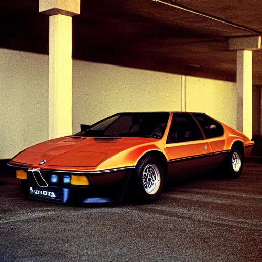 Image similar to 1979 BMW M1, inside of an badly lit 1970s parking garage, ektachrome photograph, volumetric lighting, f8 aperture, cinematic Eastman 5384 film