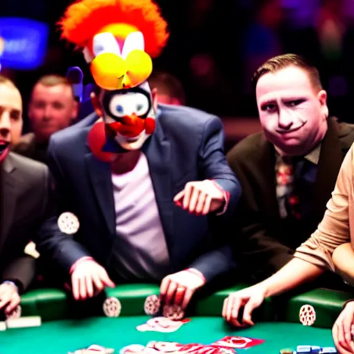 Image similar to world series of poker, a clown is at the final table, espn coverage, screenshot,