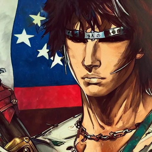 Image similar to full portrait of a young white hero using his right arm to hold his sword covering his eye by yoji shinkawa, high quality, extra details, realism, ornate, colored, golden chain, blood, white skin, short hair, brown eyes, vivid, sunlight, dynamic, american man, freedom, white american soldier, painting, cybernetics, military