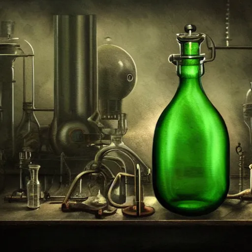 Prompt: a painting of a steampunk potion bottle in a dark dusty vintage science lab, by h. r. giger, green, hyperrealistic fantasy art, concept matte, ethereal, dreamy, digital art, trending on artstation, volumetric cinematic lighting