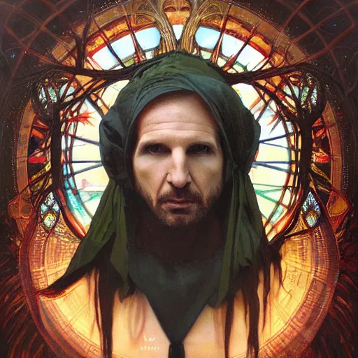 Prompt: an acrylic on canvas portrait of Ralph Fiennes Shaman Lightworker Alchemist Druid, Mystery, Love, wholeness, rooted lineage, web of life, open eye freedom by Greg Rutkowski, Artgerm and Alphonse Mucha. Epic fantasy art.