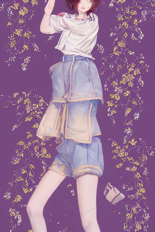 Prompt: Portrait of Eunha from Viviz and gFriend with short hair wearin purple overall shorts, short puffy pants, white tights, Golden Ribbon, and a billowy scarf. masterpiece 4k digital illustration, award winning, Artstation, intricate details, realistic, panoramic view, Hyperdetailed, 8k resolution, intricate art nouveau