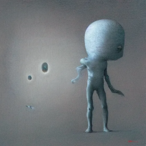 Image similar to cute girl alien meets human boy from Earth by Beksinski