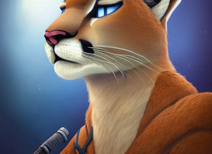 Image similar to character portrait feature of the anthro female anthropomorphic puma bobcat mountain lion fursona wearing airline pilot outfit uniform professional pilot for delta airlines character design stylized by charlie bowater, ross tran, artgerm, and makoto shinkai, detailed, soft lighting, rendered in octane, peru in background