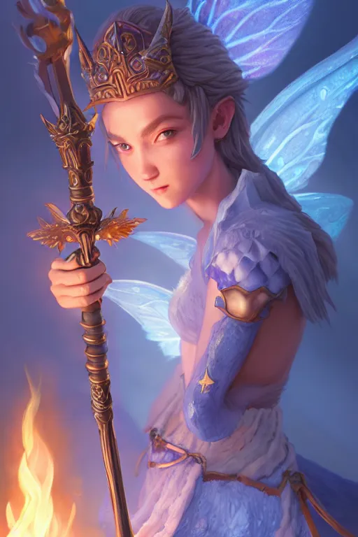 Image similar to legendary fairy prince hold flame staff, blue energy, highly detailed, d & d, fantasy, highly detailed, digital painting, trending on artstation, concept art, sharp focus, illustration, global illumination, ray tracing, realistic shaded, art by artgerm and greg rutkowski and fuji choko and viktoria gavrilenko and hoang lap