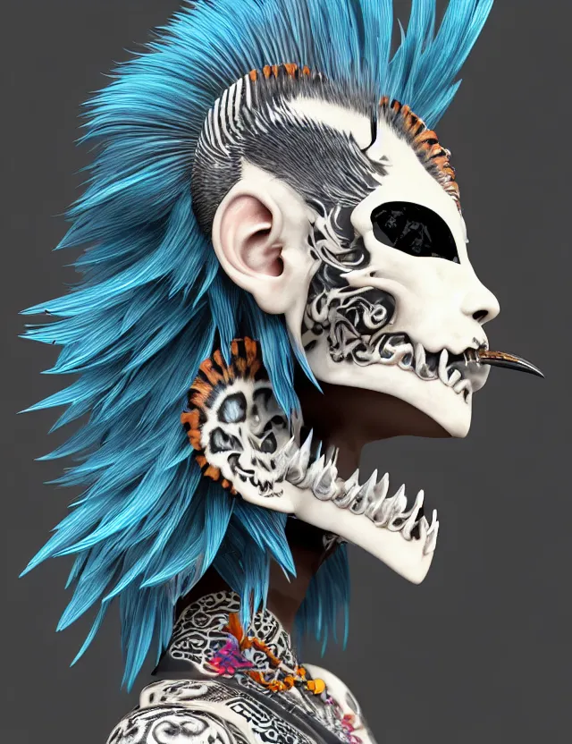 Image similar to 3 d goddess close - up profile simple portrait punk with mohawk with tiger skull. beautiful intricately detailed japanese crow kitsune mask and clasical japanese kimono. betta fish, jellyfish phoenix, bio luminescent, plasma, ice, water, wind, creature, artwork by tooth wu and wlop and beeple and greg rutkowski