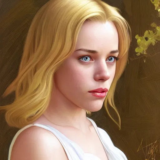 Prompt: Young blonde Rachel McAdams with thin lips, highly detailed, digital painting, artstation, concept art, smooth, sharp focus, illustration, ArtStation, art by artgerm and greg rutkowski and alphonse mucha and J. C. Leyendecker and Edmund Blair Leighton and Katsuhiro Otomo and Geof Darrow and Phil hale and Ashley wood and Ilya repin and Charlie Bowater