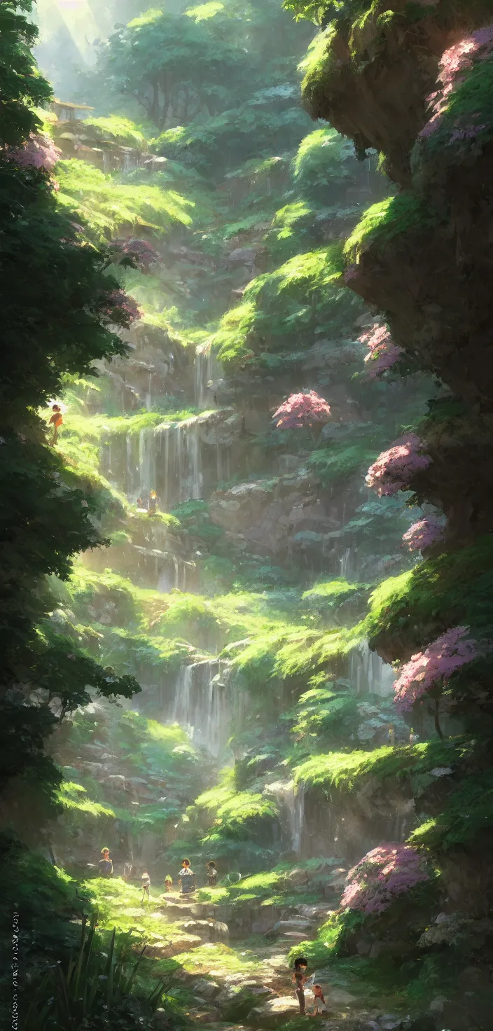 Image similar to village in the woods with a flower garden near a waterfall, gapmoe kuudere moody lighting stunning bokeh highlights sharp contrast | trending pixiv fanbox | by greg rutkowski makoto shinkai takashi takeuchi studio ghibli