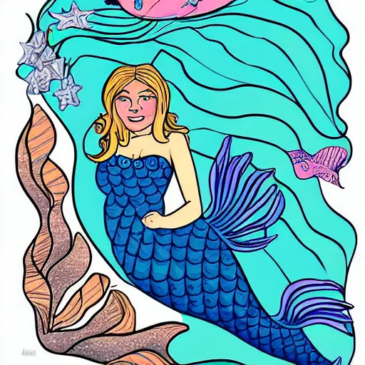 Prompt: A mermaid in the sea, professional cartoon drawing, digital vector art.